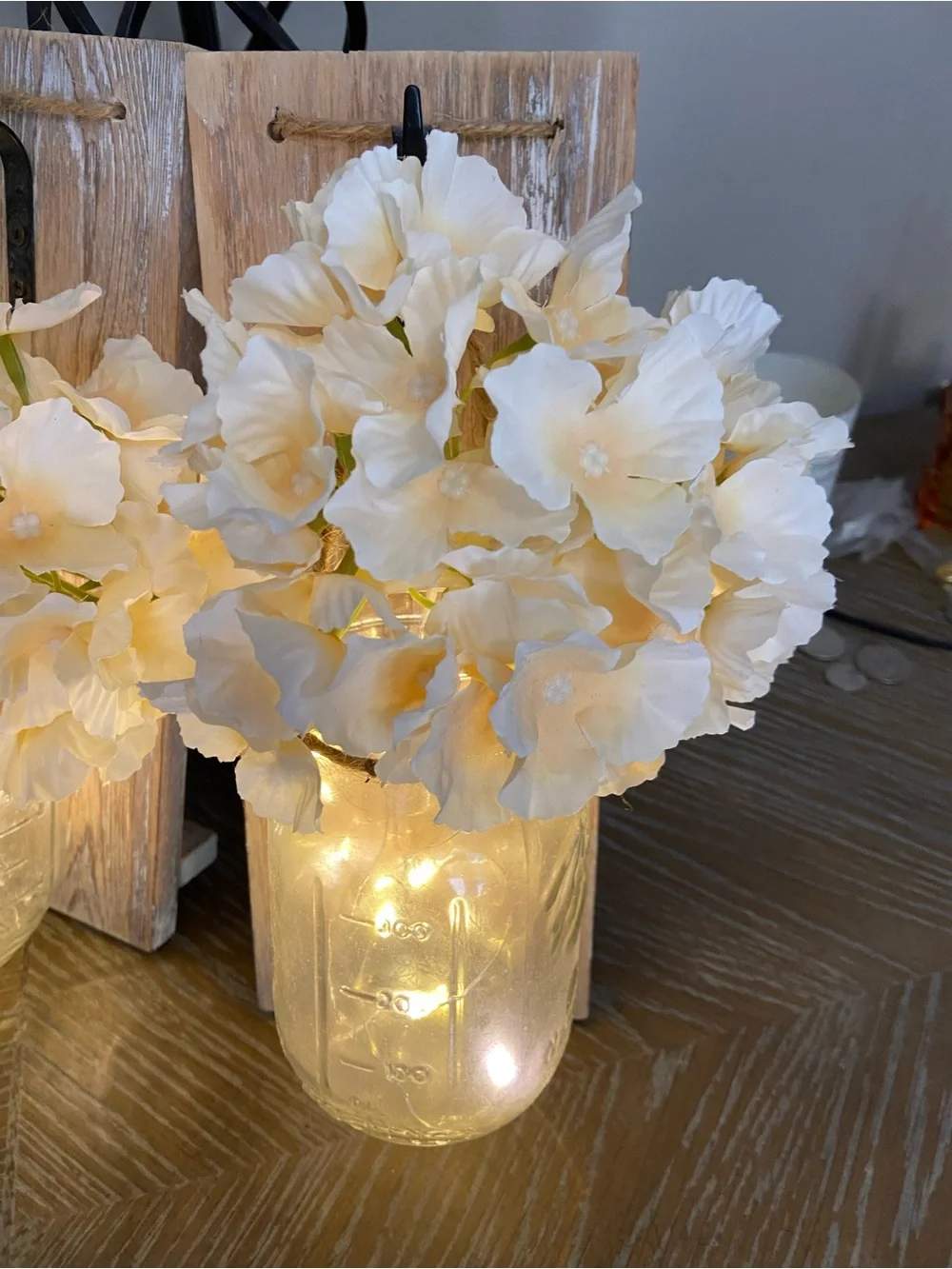 Rustic Wall Sconce Pair with Cream Hydrangea and Warm LED Mason Jars